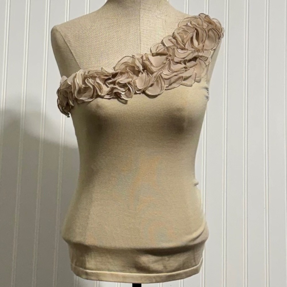 Samuel Dong Womens M One Shoulder Top Silk Blend Beige 3D Floral Rosette Y2K